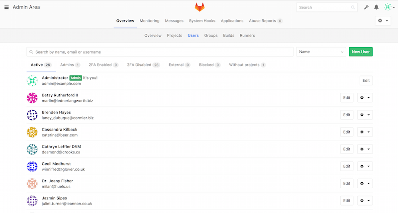 The GitLab user administration screen.