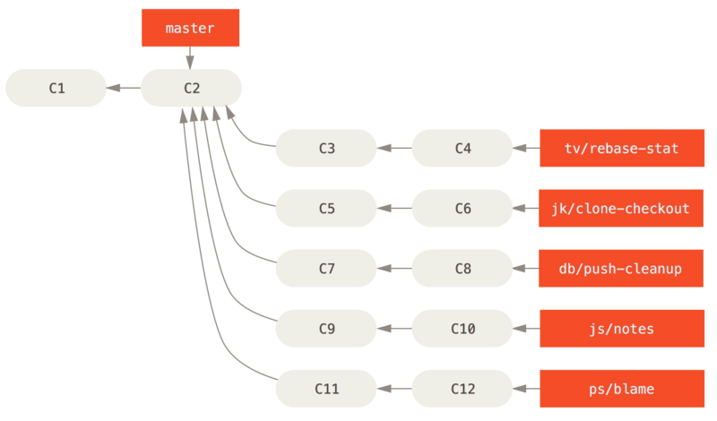 Managing a complex series of parallel contributed topic branches.